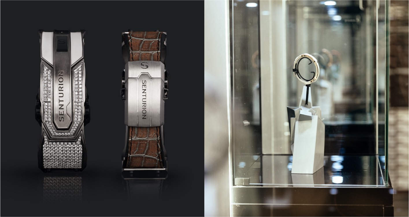 CGI render and visual of Senturion wristwear and a photo of point of sale display glass cabinet