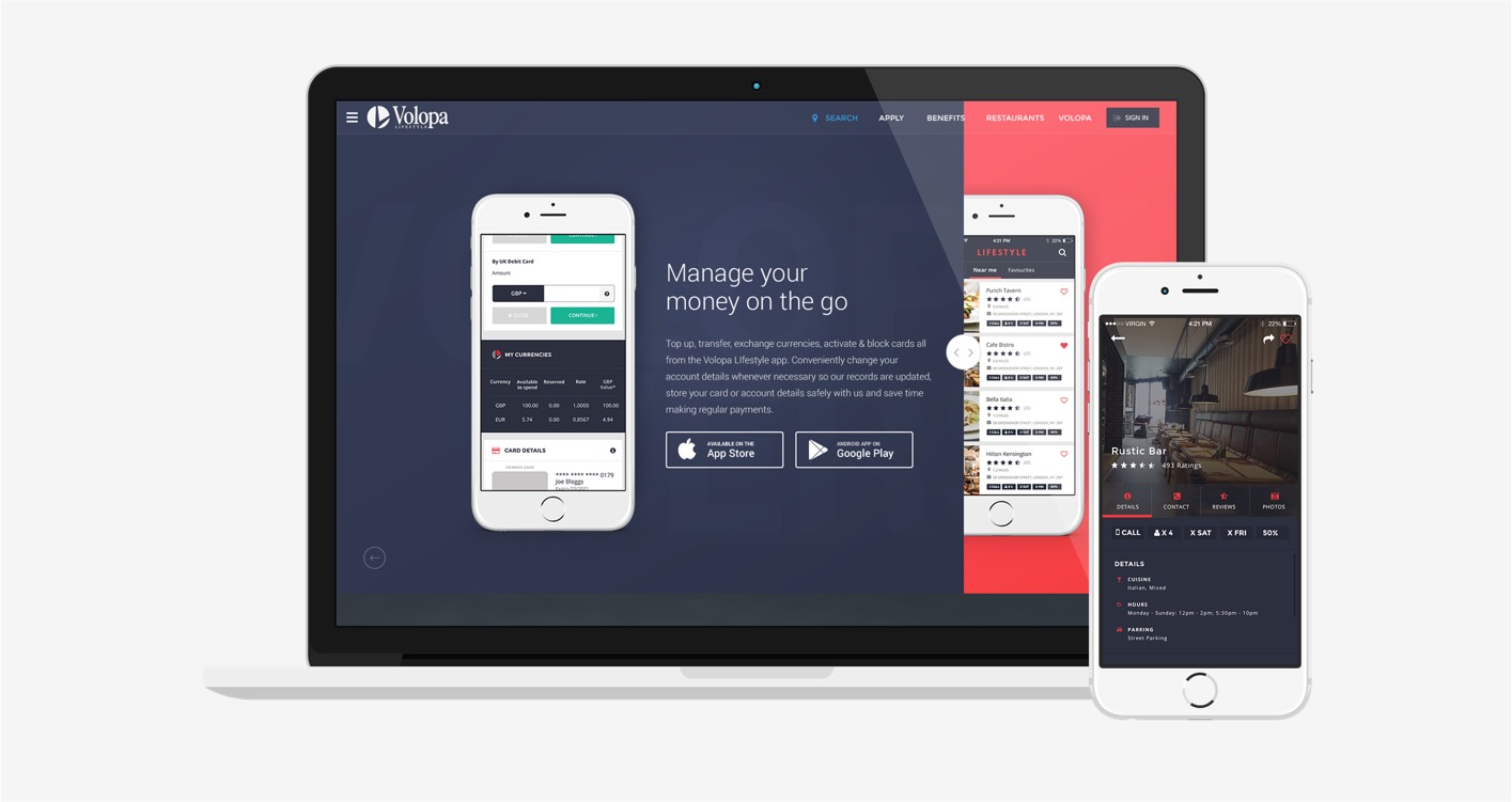 Visual of Volopa Lifestyle website on Macbook and mobile app
