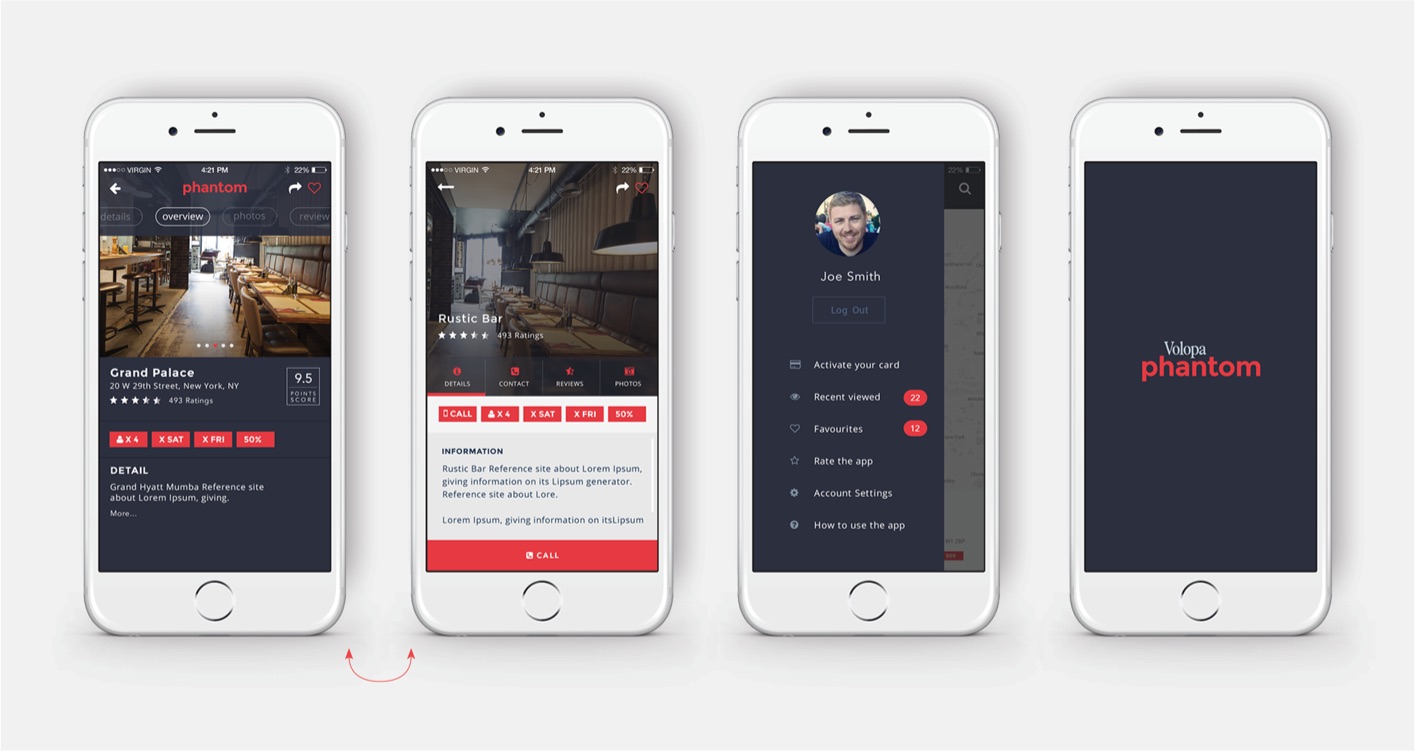 Visual of four iPhone mockups with Volopa mobile app screenshots